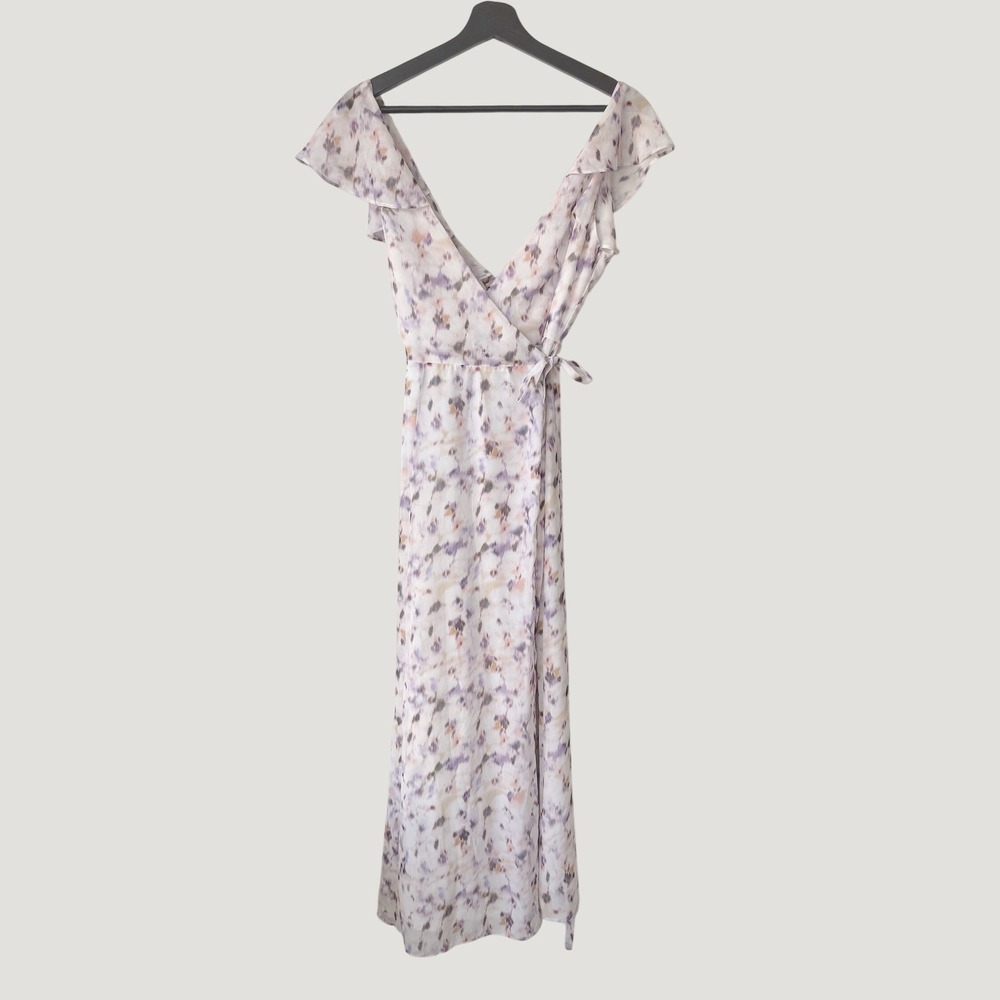 Women's Floral Wrap Dress Ruffle Purple Cream Chiffon Wedding Brunch Party XXS